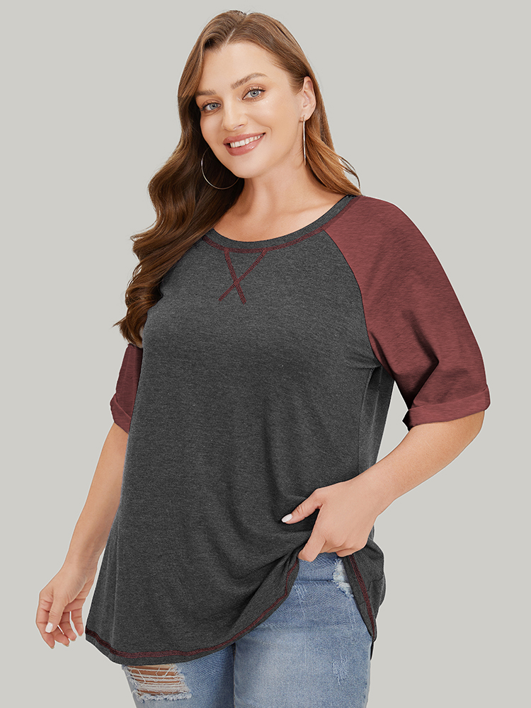 

Plus Size Supersoft Essentials Two Tone Stitch Roll Raglan Sleeve T-shirt Black Women Casual Contrast Colorblock Round Neck Dailywear T-shirts BloomChic
