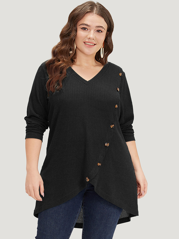 

Plus Size Plain Texture V Neck Button Detail T-shirt Black V-neck Long Sleeve Elegant Jersey Tops