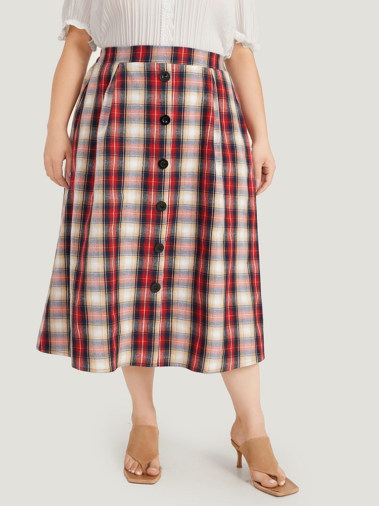 Plus Size Plaid Wideband Waist Pleated Button Detail Skirt Women Raspberry Office Button Loose No stretch Pocket Work Skirts BloomChic 18-20/2X 