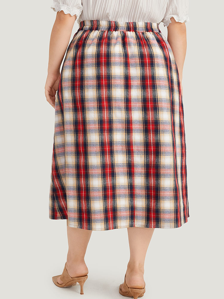 

Plus Size Plaid Wideband Waist Pleated Button Detail Skirt Women Raspberry Office Button Loose No stretch Pocket Work Skirts BloomChic