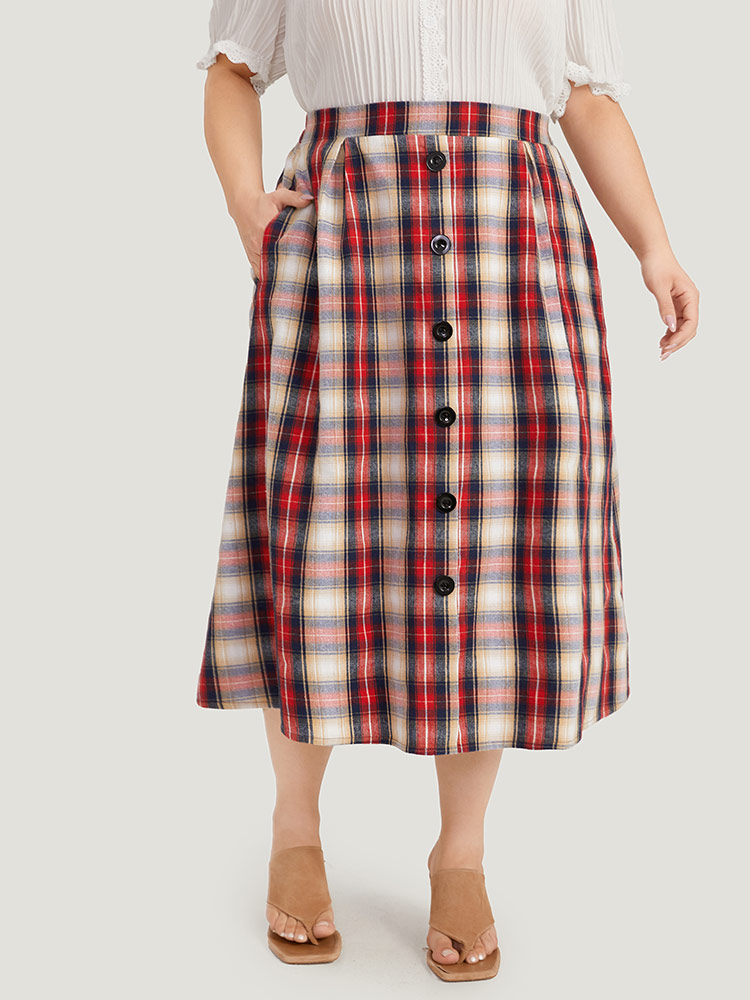 Plus Size Plaid Wideband Waist Pleated Button Detail Skirt Women Raspberry Office Button Loose No stretch Pocket Work Skirts BloomChic 18-20/2X 