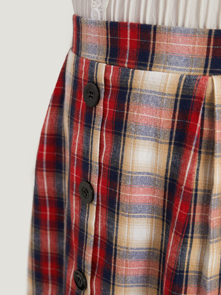 Plus Size Plaid Wideband Waist Pleated Button Detail Skirt Women Raspberry Office Button Loose No stretch Pocket Work Skirts BloomChic 18-20/2X 
