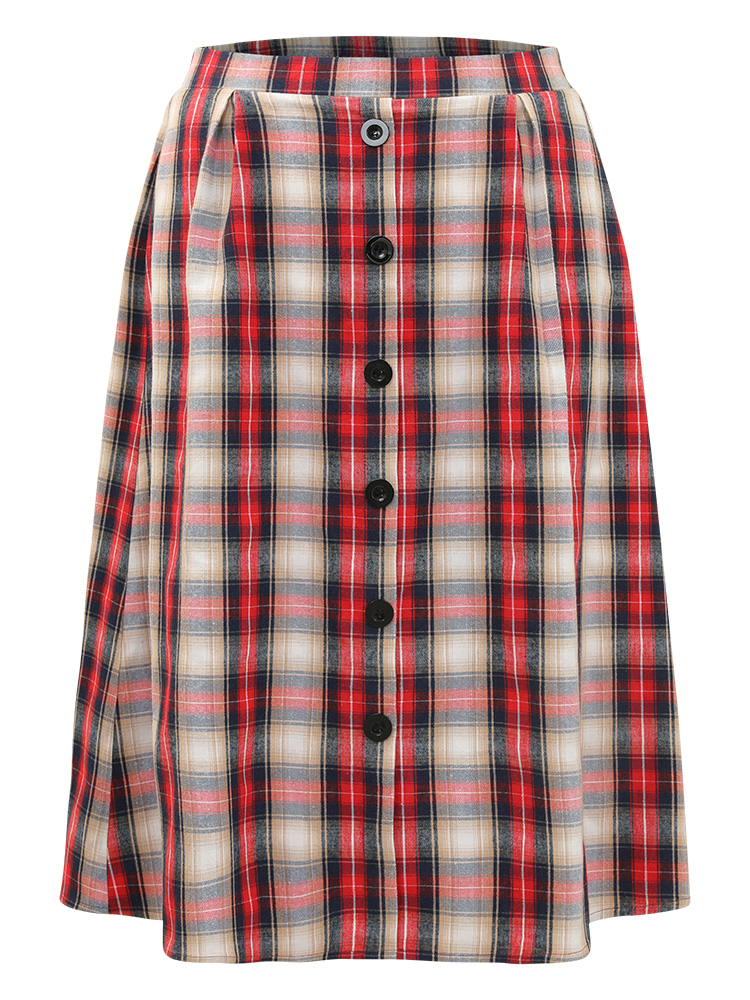 Plus Size Plaid Wideband Waist Pleated Button Detail Skirt Women Raspberry Office Button Loose No stretch Pocket Work Skirts BloomChic 18-20/2X 