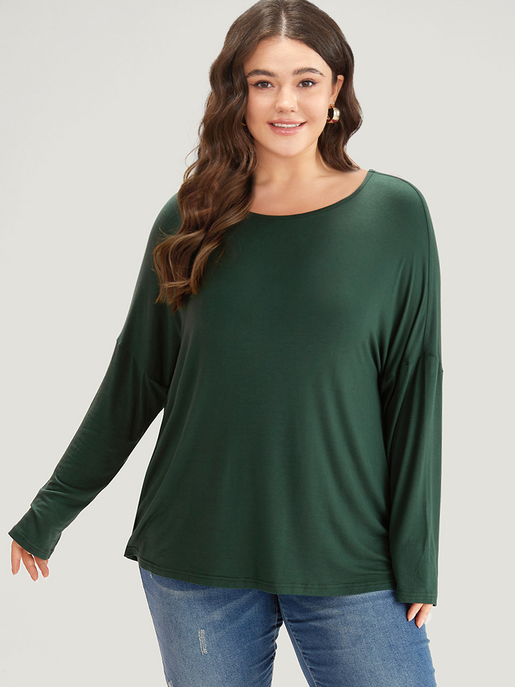 

Plus Size Supersoft Essentials Plain Batwing Sleeve Crew Neck T-shirt DarkGreen Women Casual Plain Plain Round Neck Dailywear T-shirts BloomChic