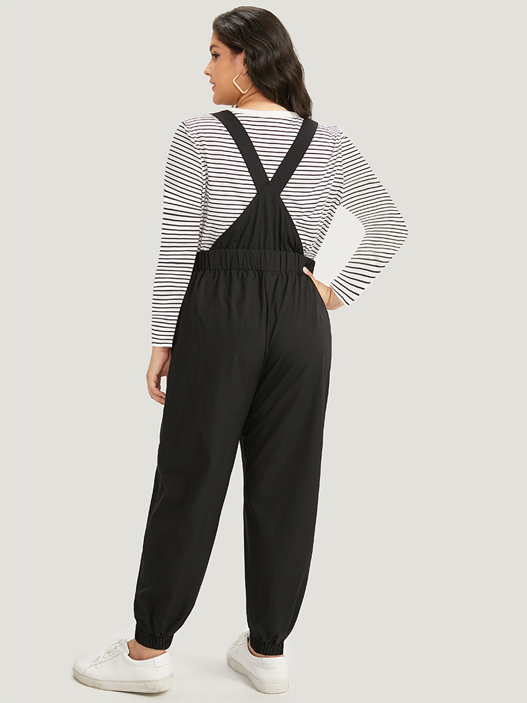 Plus Size Black Solid Pocket Back Crisscross Elastic Waist Jumpsuit Women Casual Sleeveless Spaghetti Strap Dailywear Loose Jumpsuits BloomChic 10/M 