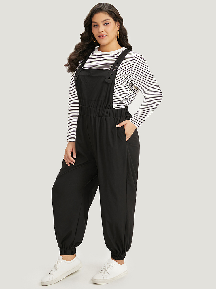 Plus Size Black Solid Pocket Back Crisscross Elastic Waist Jumpsuit Women Casual Sleeveless Spaghetti Strap Dailywear Loose Jumpsuits BloomChic 10/M 