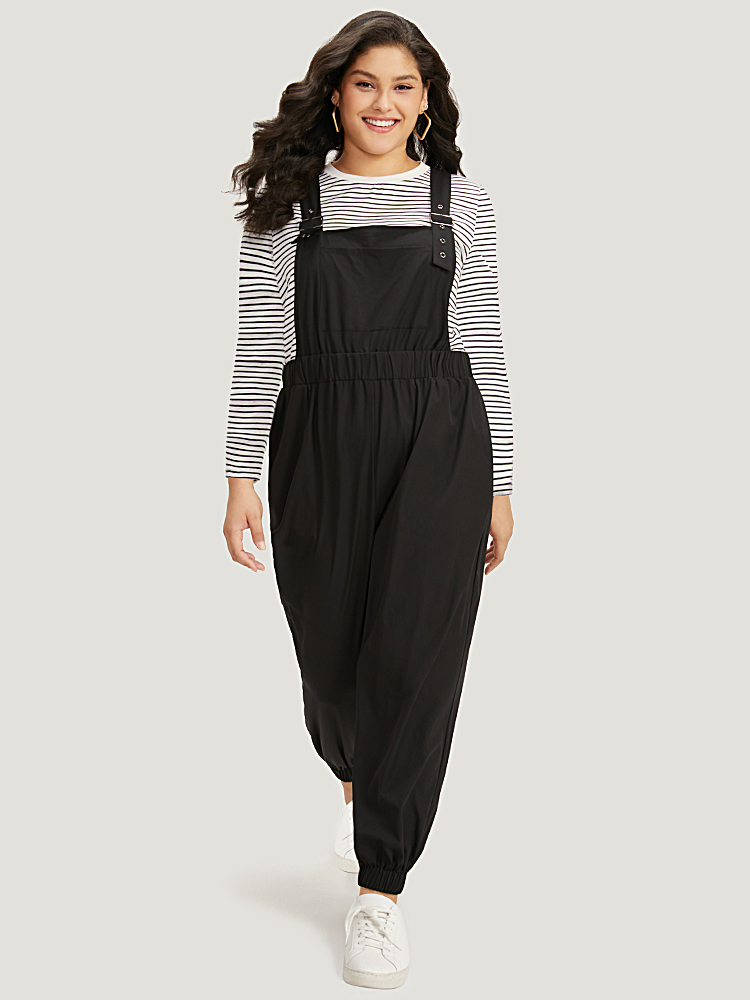 Plus Size Black Solid Pocket Back Crisscross Elastic Waist Jumpsuit Women Casual Sleeveless Spaghetti Strap Dailywear Loose Jumpsuits BloomChic 10/M 