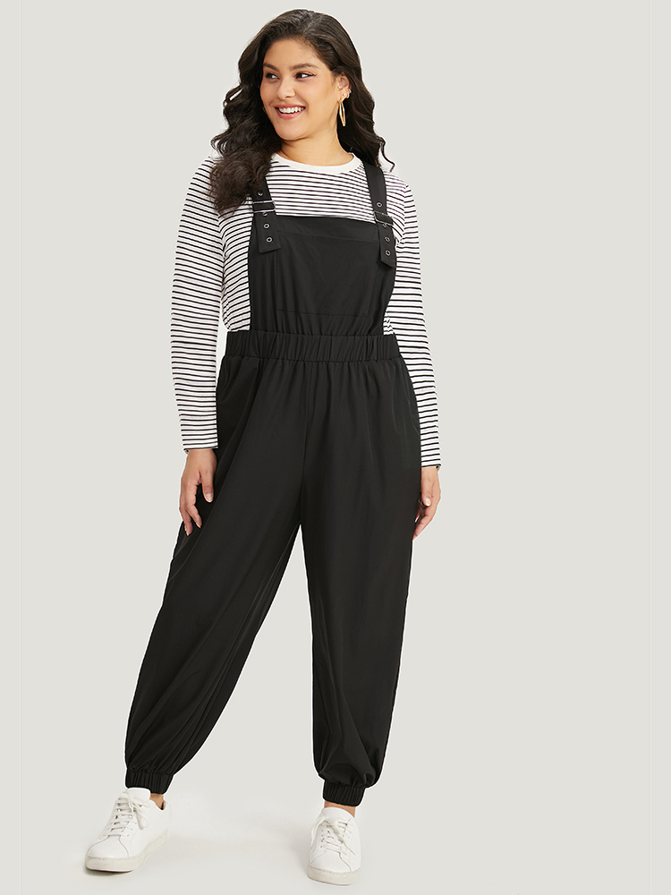 Plus Size Black Solid Pocket Back Crisscross Elastic Waist Jumpsuit Women Casual Sleeveless Spaghetti Strap Dailywear Loose Jumpsuits BloomChic 10/M 
