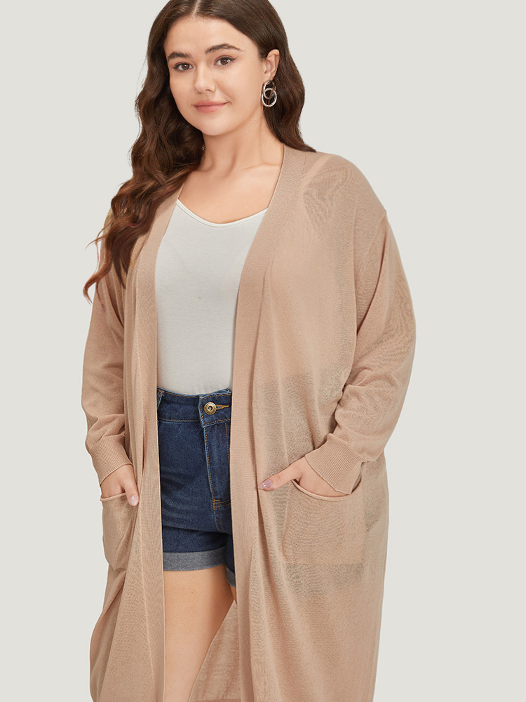 

Plus Size Solid Patched Pocket Open Front Breathable Maxi Cardigan Apricot Women Casual Loose Long Sleeve Everyday Cardigans BloomChic