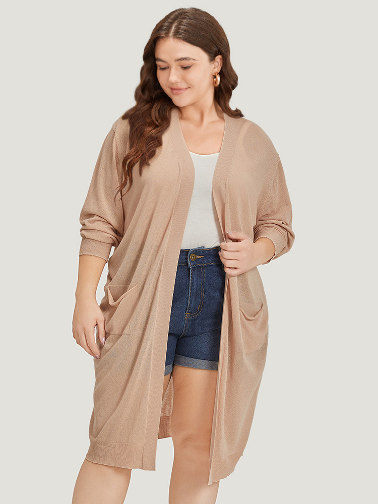 

Plus Size Solid Patched Pocket Open Front Breathable Maxi Cardigan Apricot Women Casual Loose Long Sleeve Everyday Cardigans BloomChic