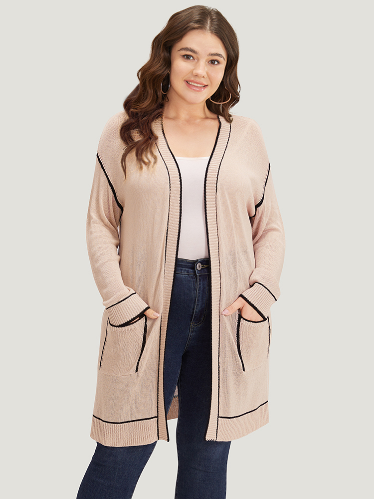 

Plus Size Contrast Trim Patched Pocket Drop Shoulder Cardigan Champagne Women Casual Loose Long Sleeve Everyday Cardigans BloomChic