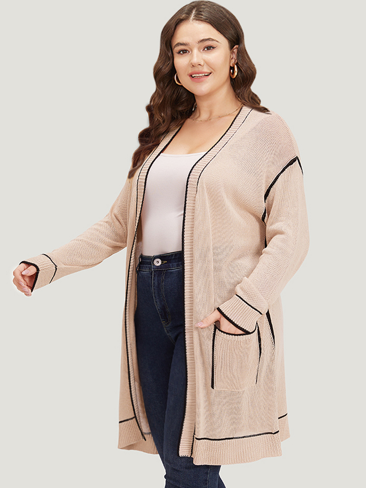 

Plus Size Contrast Trim Patched Pocket Drop Shoulder Cardigan Champagne Women Casual Loose Long Sleeve Everyday Cardigans BloomChic