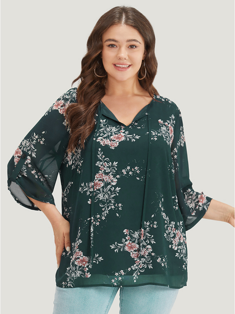 

Plus Size DarkGreen Floral Print Knot Neck Mesh Tab Sleeve Blouse Women Elegant Elbow-length sleeve Tie Neck Dailywear Blouses BloomChic