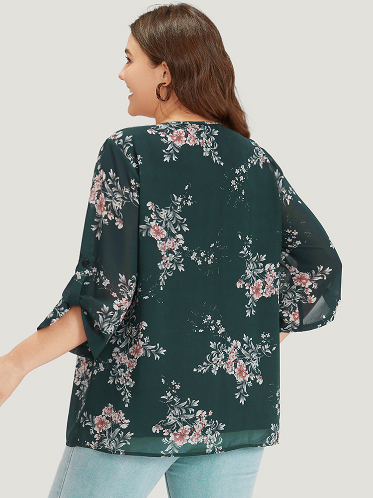 

Plus Size DarkGreen Floral Print Knot Neck Mesh Tab Sleeve Blouse Women Elegant Elbow-length sleeve Tie Neck Dailywear Blouses BloomChic