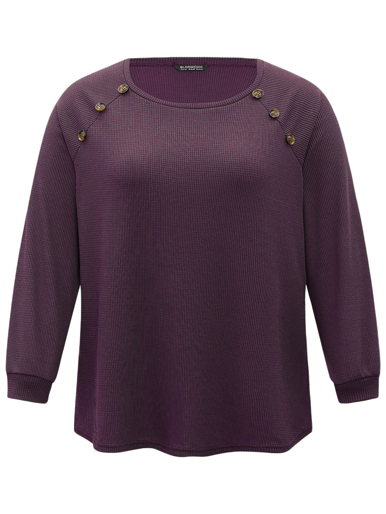 

Plus Size Plain Waffle Knit Button Detail Crew Neck Raglan Sleeve T-shirt Purple Women Casual Elastic cuffs Plain Round Neck Dailywear T-shirts BloomChic