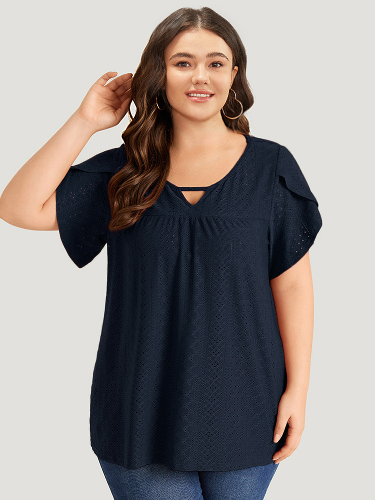 

Plus Size Plain Geometric Eyelet Keyhole Petal Sleeve T-shirt DarkBlue Keyhole Cut-Out Short sleeve Elegant Jersey Tops