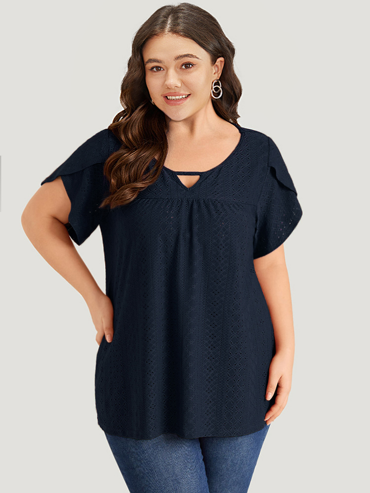 

Plus Size Plain Geometric Eyelet Keyhole Petal Sleeve T-shirt DarkBlue Keyhole Cut-Out Short sleeve Elegant Jersey Tops