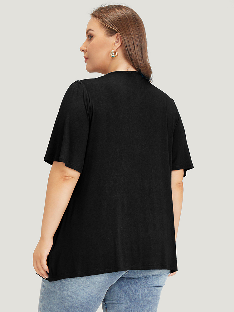 

Plus Size Supersoft Essentials Floral Embroidered Gathered Ruffle Sleeve T-shirt Black Women Elegant Embroidered Plain Round Neck Everyday T-shirts BloomChic