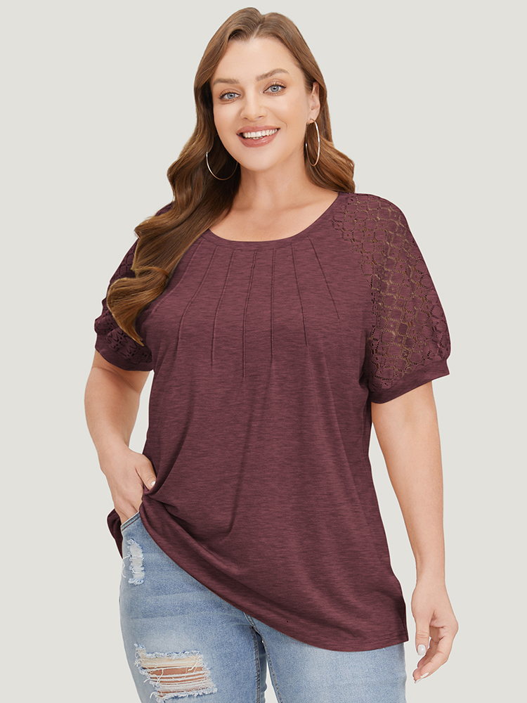 

Plus Size Solid Lace Raglan Sleeve Pleated T-shirt Russet Round Neck Short sleeve Casual Jersey Tops