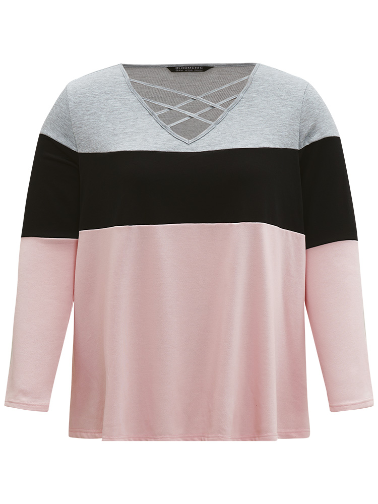 

Plus Size Colorblock Contrast Crisscross V Neck Sweatshirt Women Multicolor Casual Contrast V-neck Everyday Sweatshirts BloomChic