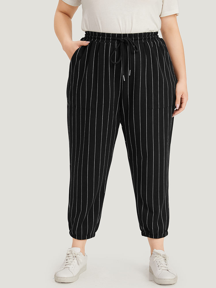 

Plus Size Striped Elastic Waist Pocket Drawstring Sweatpants Women Black Casual High Rise Dailywear Pants BloomChic