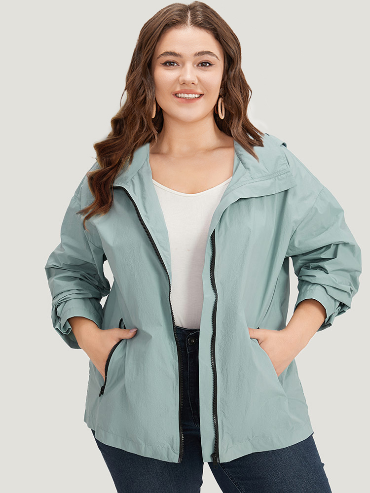 

Plus Size Plain Hooded Pocket Zipper Fly Jacket Women SlateGray Plain Pocket Dailywear Jackets BloomChic