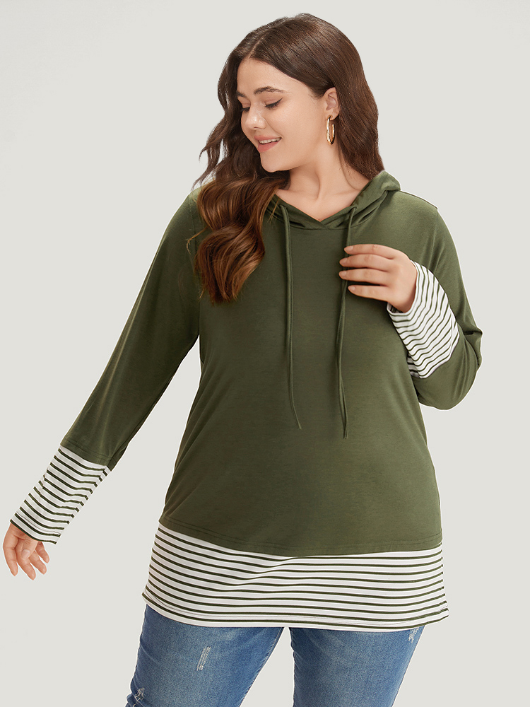 

Plus Size Striped Patchwork Hooded Drawstring T-shirt ArmyGreen Women Casual Patchwork Striped Hooded Dailywear T-shirts BloomChic