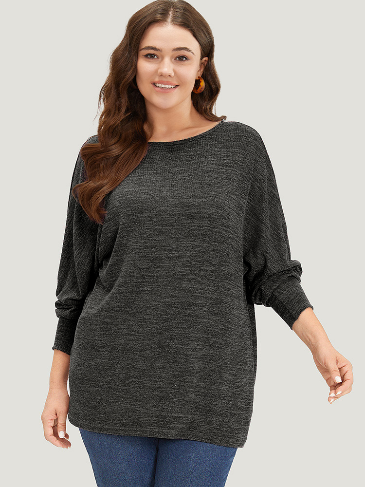 

Plus Size Plain Heather Elastic cuffs Dolman Sleeve T-shirt Black Women Casual Elastic cuffs Plain Round Neck Everyday T-shirts BloomChic