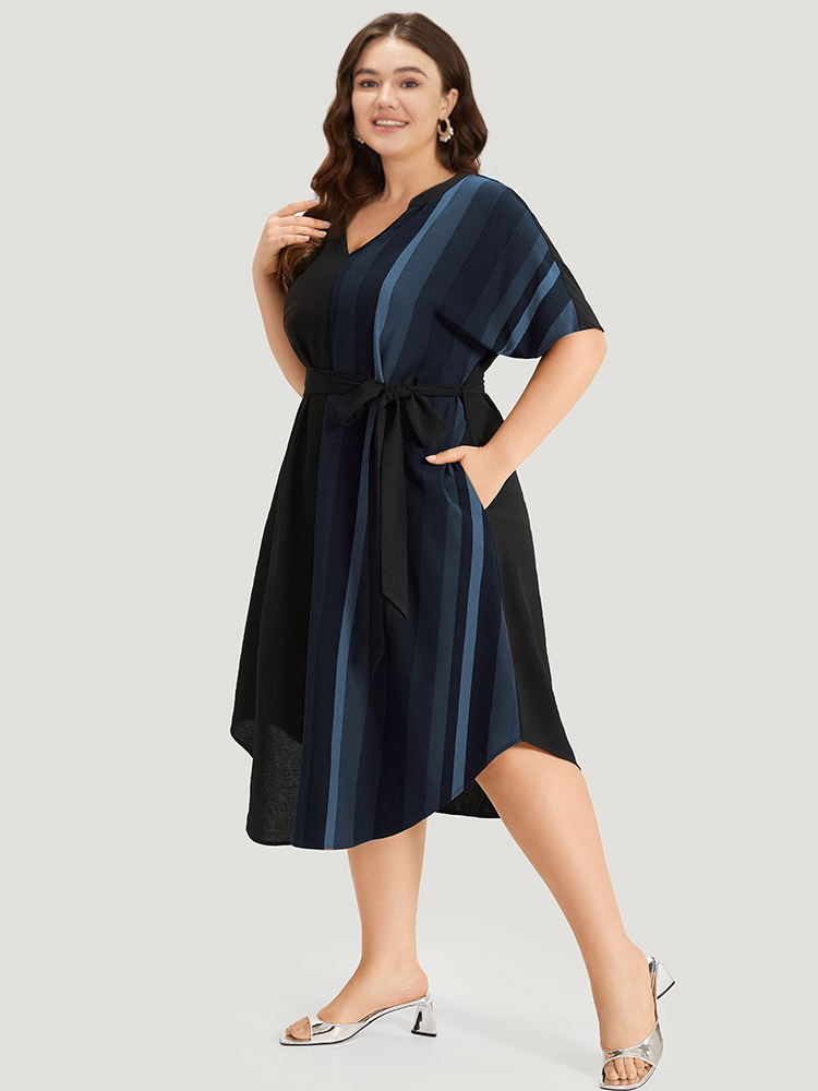 

Plus Size Striped Patchwork Notched Belted Pocket Dress Navy Women Office Belted Notched collar Short sleeve Curvy Midi Dress BloomChic