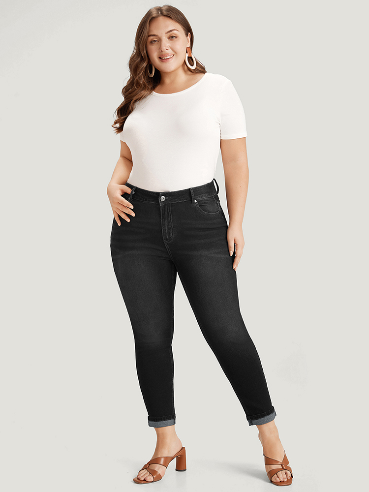 

Plus Size Very Stretchy Pocket Dark Wash Roll Hem Jeans Women Black Casual Plain Roll Hem High stretch Pocket Jeans BloomChic