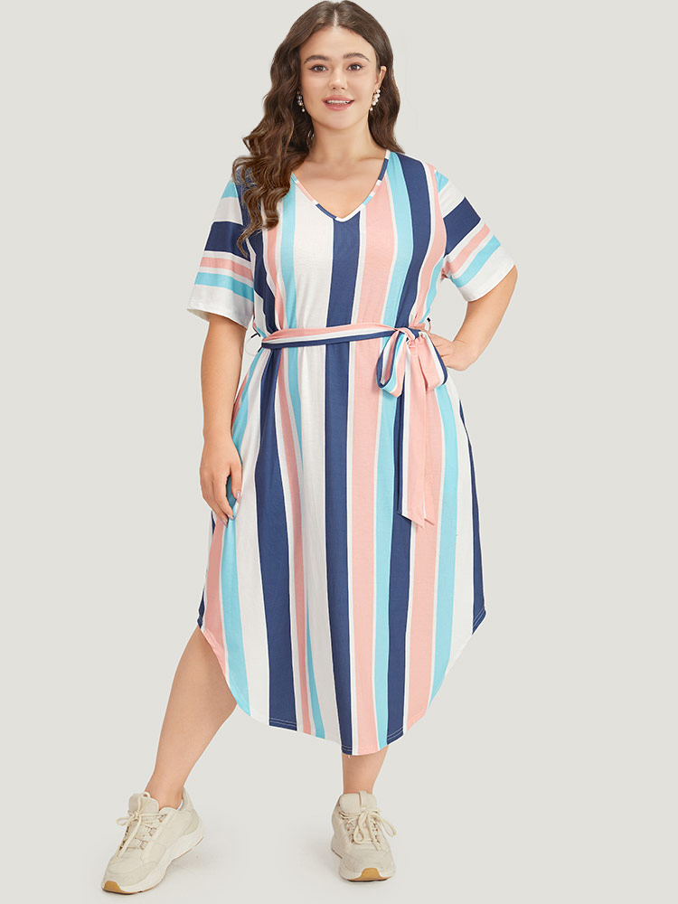 Plus Size Women Dailywear Striped Belted Regular Sleeve Short sleeve V-neck Pocket Belt Casual Dresses BloomChic 