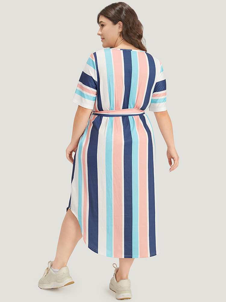 Plus Size Women Dailywear Striped Belted Regular Sleeve Short sleeve V-neck Pocket Belt Casual Dresses BloomChic 
