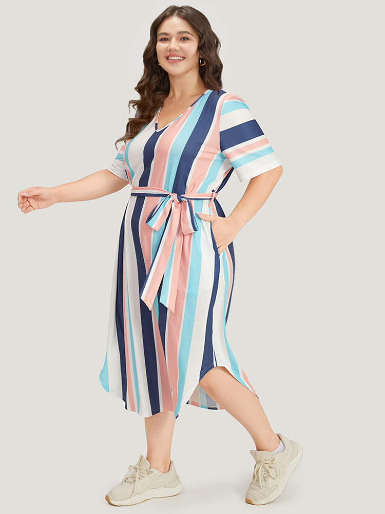 Plus Size Women Dailywear Striped Belted Regular Sleeve Short sleeve V-neck Pocket Belt Casual Dresses BloomChic 