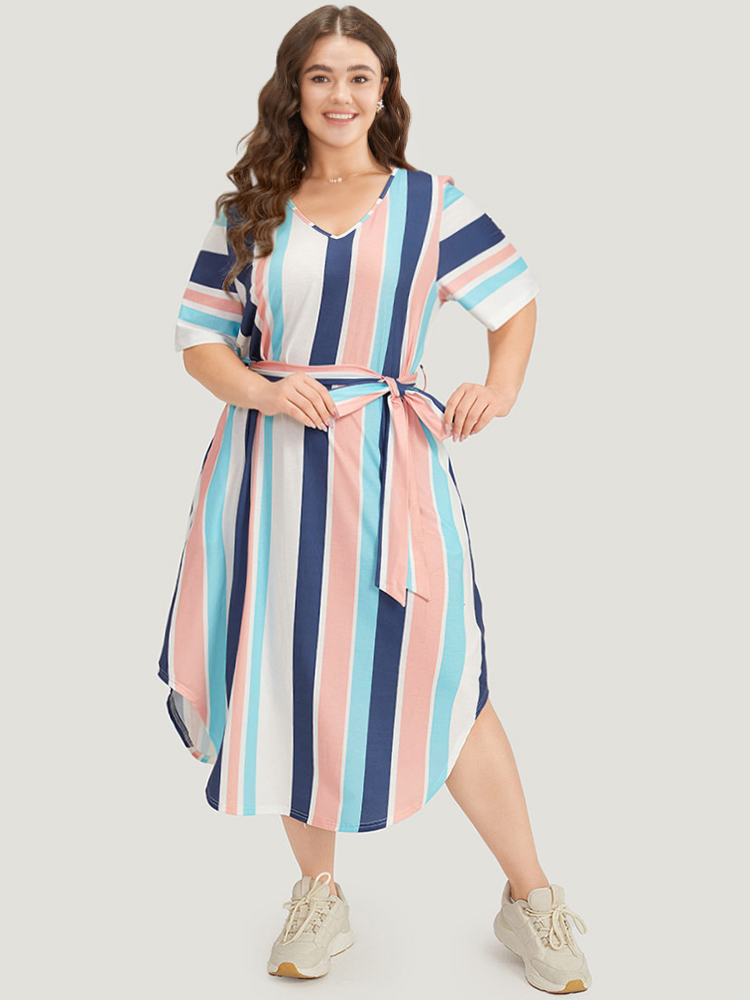 Plus Size Women Dailywear Striped Belted Regular Sleeve Short sleeve V-neck Pocket Belt Casual Dresses BloomChic 