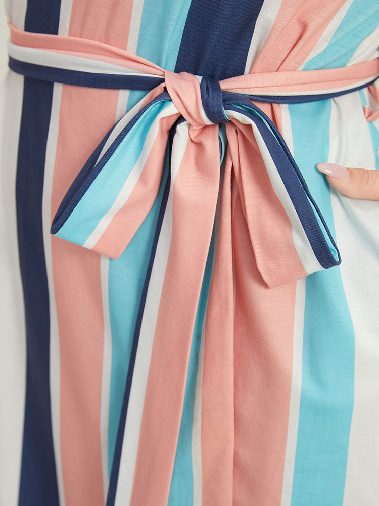 Plus Size Women Dailywear Striped Belted Regular Sleeve Short sleeve V-neck Pocket Belt Casual Dresses BloomChic 