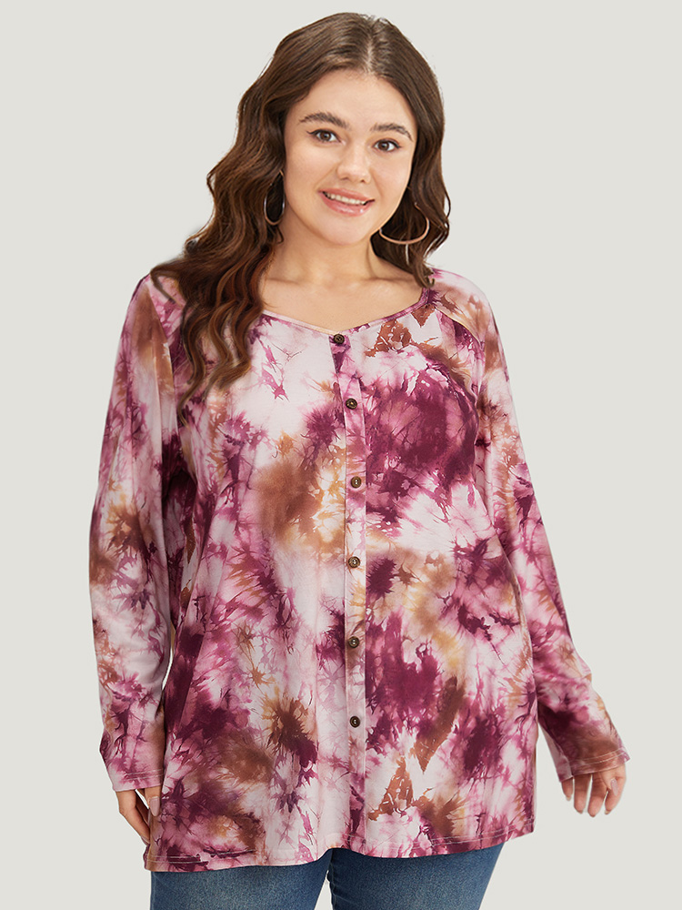 Plus Size Women Dailywear Tie Dye Button Regular Sleeve Long Sleeve Round Neck Casual T-shirts BloomChic 