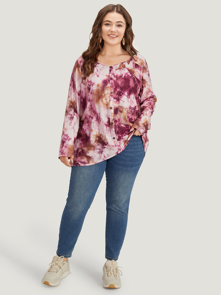 Plus Size Women Dailywear Tie Dye Button Regular Sleeve Long Sleeve Round Neck Casual T-shirts BloomChic 