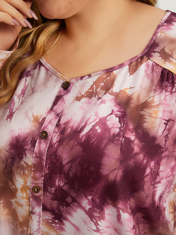 Plus Size Women Dailywear Tie Dye Button Regular Sleeve Long Sleeve Round Neck Casual T-shirts BloomChic 