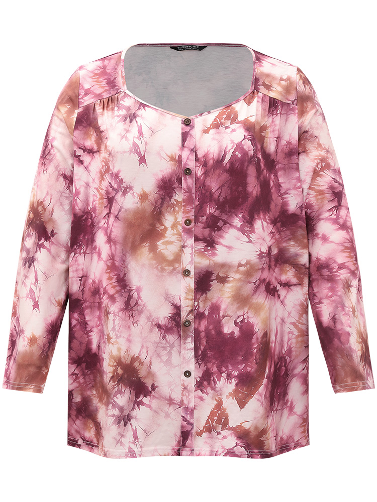 Plus Size Women Dailywear Tie Dye Button Regular Sleeve Long Sleeve Round Neck Casual T-shirts BloomChic 