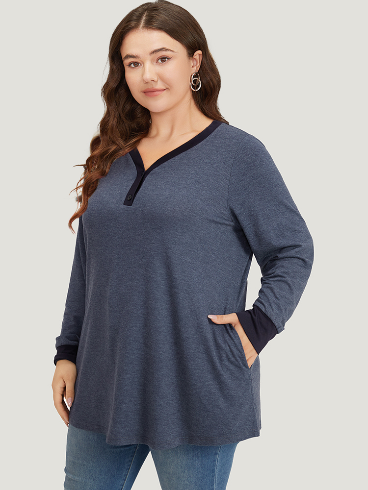 

Plus Size V Neck Button Up Contrast Elastic Cuffs Pocket T-shirt Indigo Women Casual Elastic cuffs Plain V-neck Dailywear T-shirts BloomChic