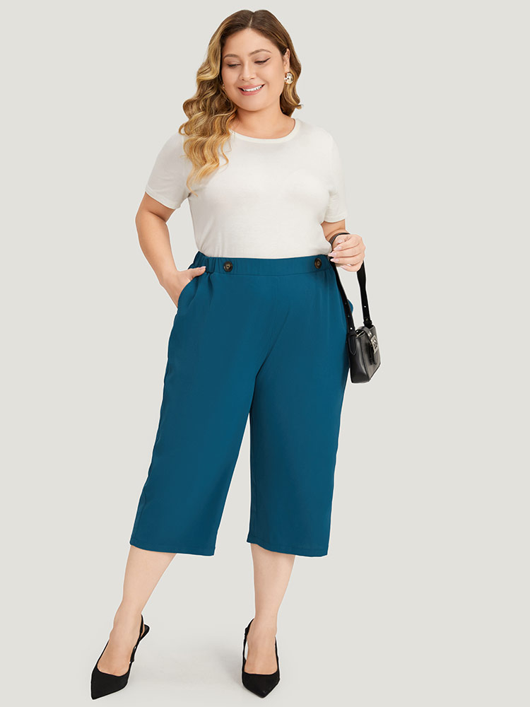 

Plus Size Solid Pocket Elastic Waist Button Detail Pants Women Cyan Office Straight Leg Mid Rise Dailywear Pants BloomChic