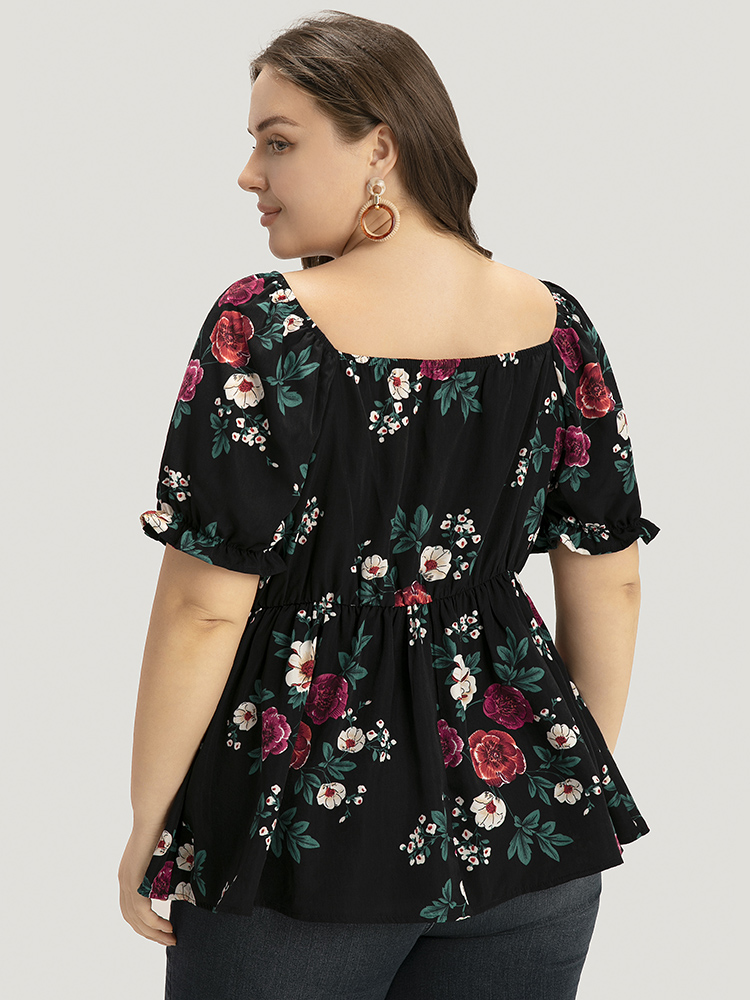 

Plus Size Black Floral Print Square Neck Gathered Puff Sleeve Blouse Women Elegant Short sleeve Square Neck Dailywear Blouses BloomChic