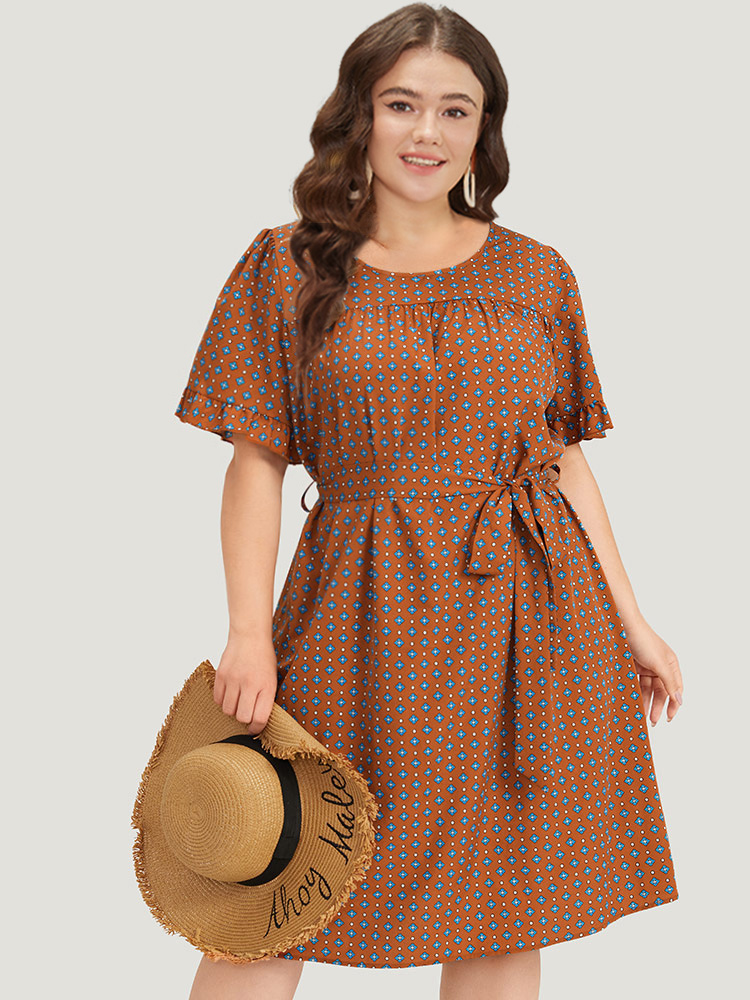 

Plus Size Bandana Print Flutter Trim Pocket Belted Dress Chocolate Women Vacation Belted Round Neck Short sleeve Curvy Midi Dress BloomChic