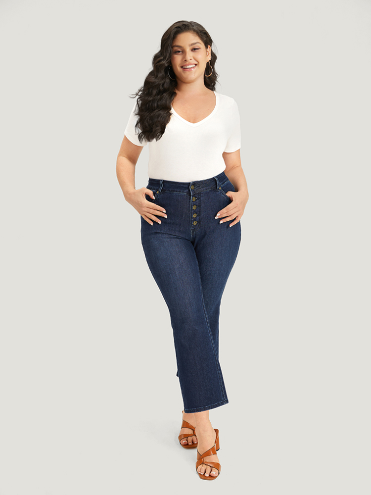 Plus Size Women Dailywear Plain Medium stretch Bootcut Dark Wash Casual Jeans BloomChic 
