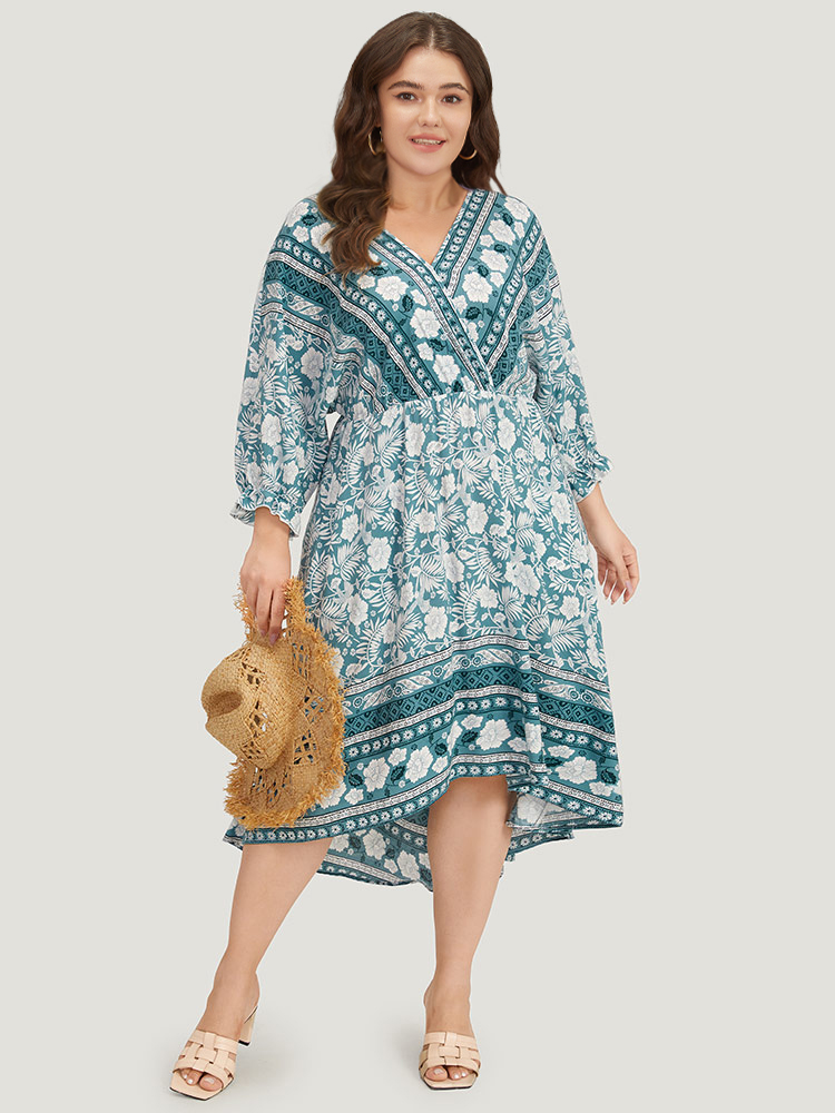 

Plus Size Floral Print Pocket Surplice Neck Ruffle Trim Dress Turquoise Women Vacation Elastic cuffs V-neck Elbow-length sleeve Curvy Midi Dress BloomChic