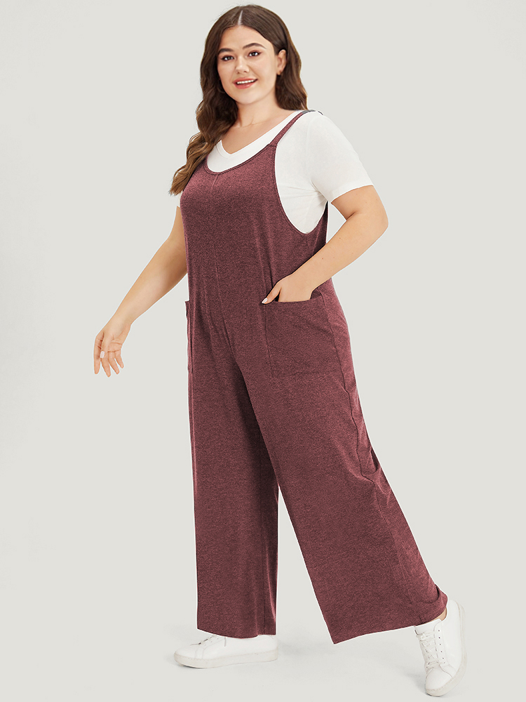 Plus Size DustyPink Supersoft Essentials Solid Patched Pocket Overall Cami Jumpsuit Women Casual Sleeveless V-neck Dailywear Loose Jumpsuits BloomChic 12/L 