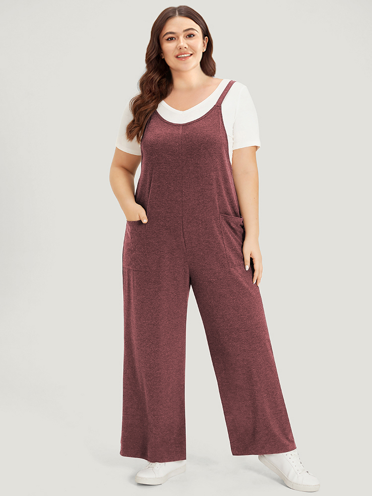 

Plus Size DustyPink Supersoft Essentials Solid Patched Pocket Overall Cami Jumpsuit Women Casual Sleeveless V-neck Dailywear Loose Jumpsuits BloomChic