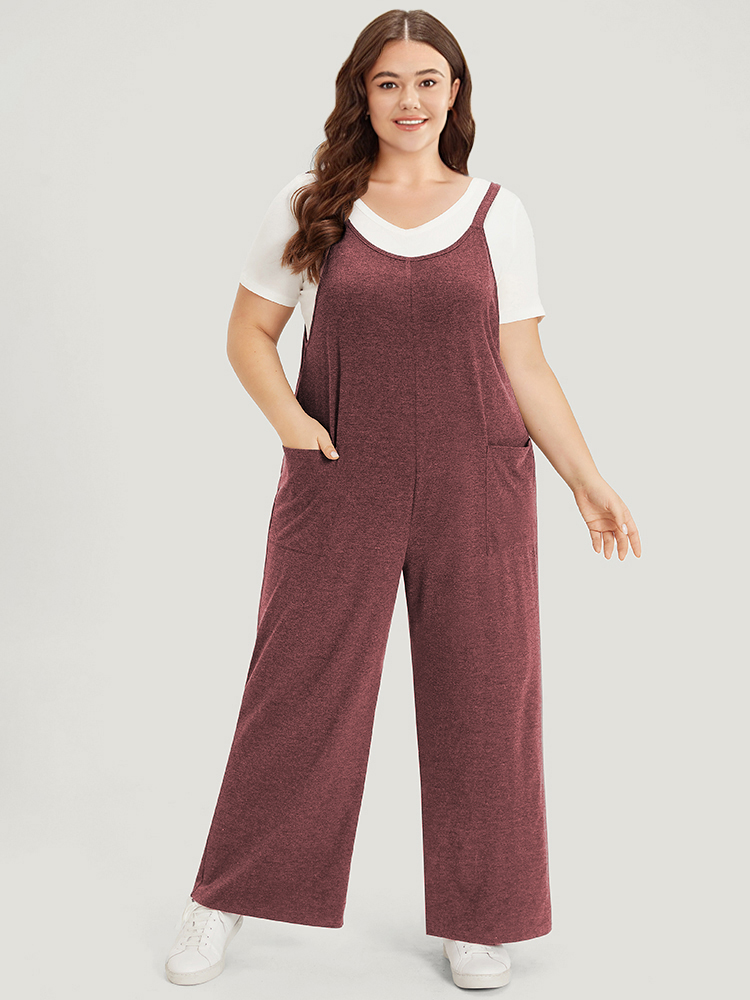Plus Size DustyPink Supersoft Essentials Solid Patched Pocket Overall Cami Jumpsuit Women Casual Sleeveless V-neck Dailywear Loose Jumpsuits BloomChic 12/L 