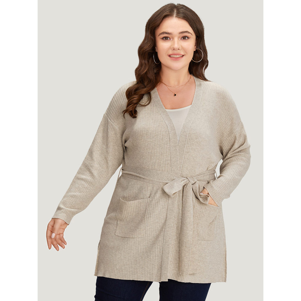

Plus Size Plain Belted Patched Pocket Split Side Cardigan LightBrown Women Casual Loose Long Sleeve Dailywear Cardigans BloomChic