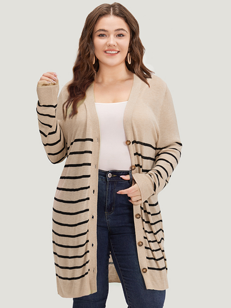 

Plus Size Supersoft Essentials Striped Button Fly Tunic Cardigan Champagne Women Casual Loose Long Sleeve Dailywear Cardigans BloomChic